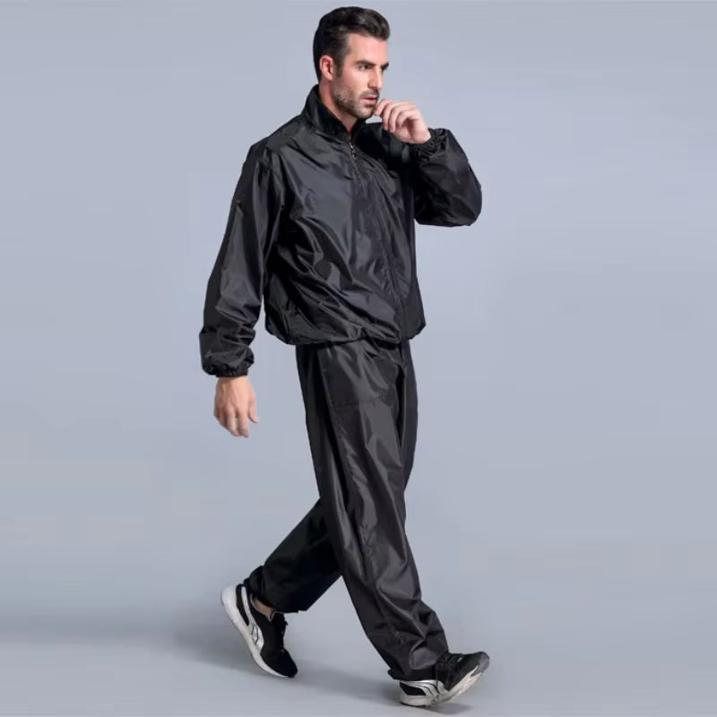 Traje de sudoración de alta calidad para hombre. Conjunto deportivo de PVC (top + pantalón) ideal para entrenamientos, fitness, running y jogging.