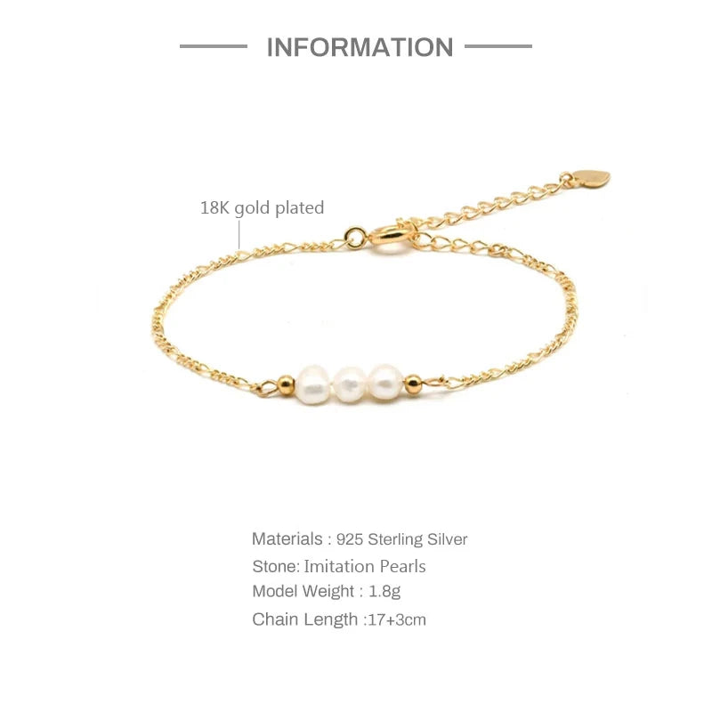 Pulsera de plata de ley 925 para mujer con tres cuentas tipo perla.