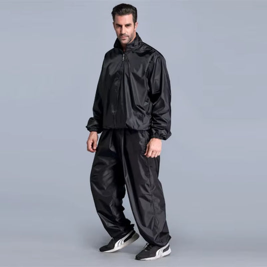 Traje de sudoración de alta calidad para hombre. Conjunto deportivo de PVC (top + pantalón) ideal para entrenamientos, fitness, running y jogging.